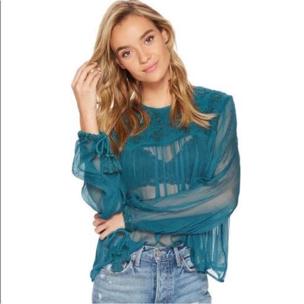 Free People Dark Blue Sheer Chiffon Beaded Top